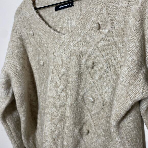 Olivaceous Tan Cable Knit Pom Pom Sweater Size Small - Picture 3 of 10